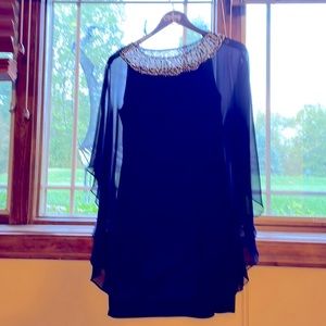 Women’s dress size 8 Petite.  Navy blue dress with sheer cover.